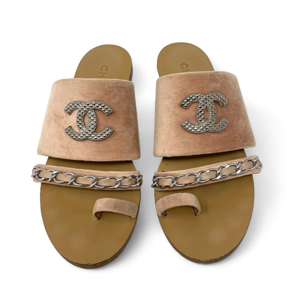 Chanel CC Logo Velvet Chain Slip On Slide Flat Mule Sandals Pink Silver EU 39.5